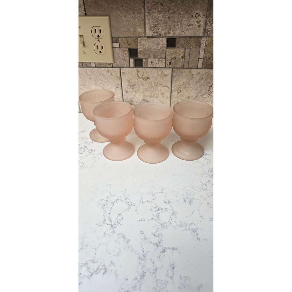 Vintage Frosted Pink Satin Glass Goblets Set of 4 Embossed Leaf Design Sherbet